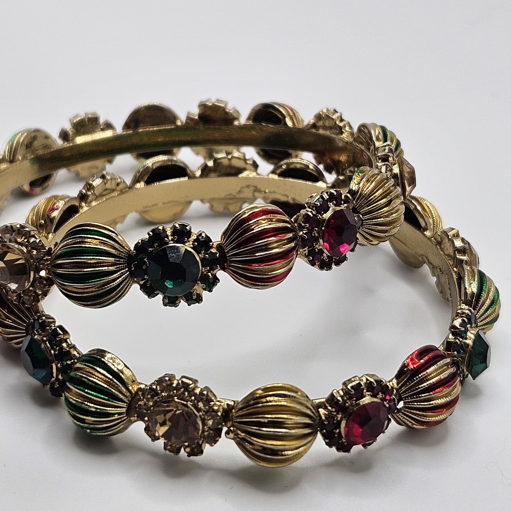 Set Bangle Bracelets Rhinestone Colorful Red Green Gold Tone - Picture 3 of 10